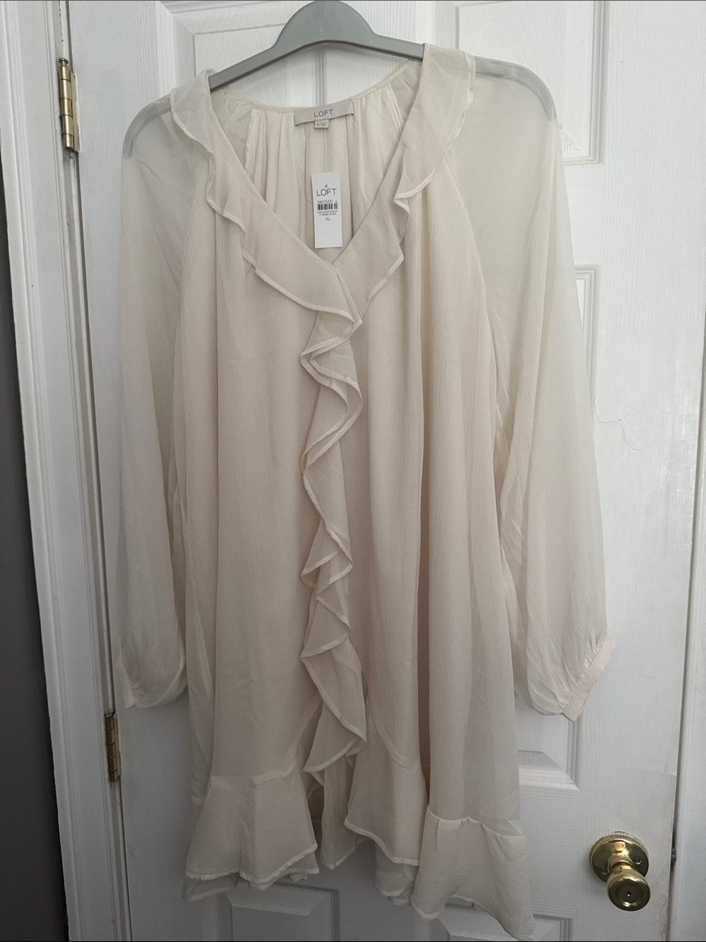 LOFT Cream Ruffle Front Long-Sleeve Flowy Dress